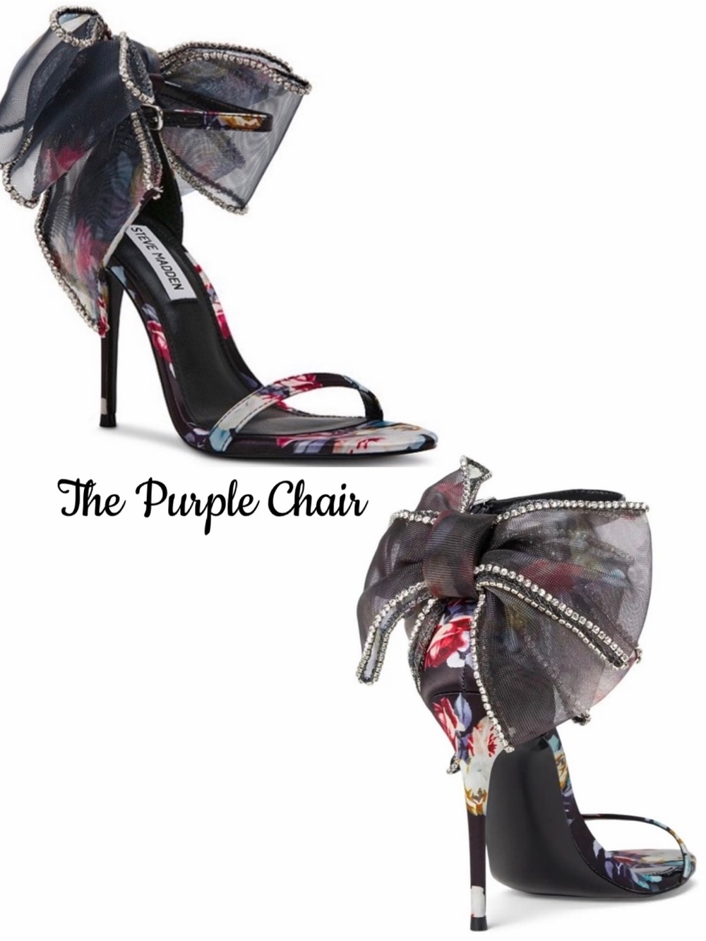STEVE MADDEN NWT Benni-R Satin Floral Rhinestone Mesh Bow Open Toe Heels 7.5